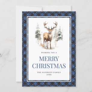 Blue Plaid Waterverf Deer Snowy Merry Christmas Feestdagenkaart