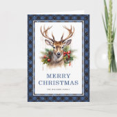 Blue Plaid Waterverf Herten Vrolijke Kerstfoto Feestdagen Kaart (Voorkant)