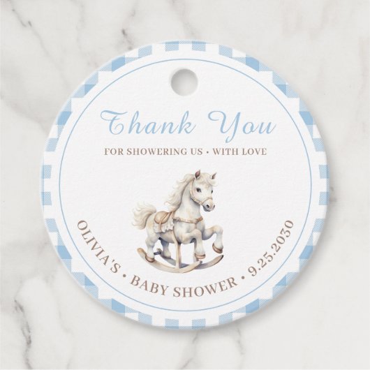 Blue Plaid Waterverf Rocking Horse Baby shower Bedankjes Labels (Voorkant)
