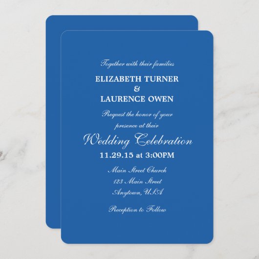 Blue Plain Simple Wedding Invitation Kaart (Voorkant / Achterkant)