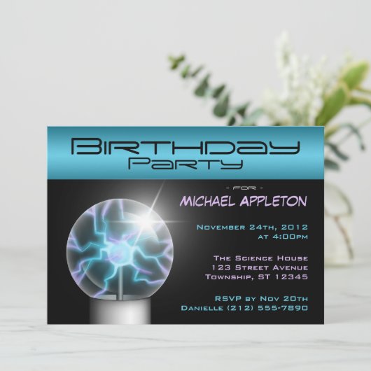 Blue Plasma Ball Birthday Party-uitnodigingen Kaart (Staand voorkant)