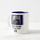 Blue Player Name Number Team Photo Tweekleurige Koffiemok (Voorkant links)