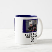 Blue Player Name Number Team Photo Tweekleurige Koffiemok (Voorkant rechts)