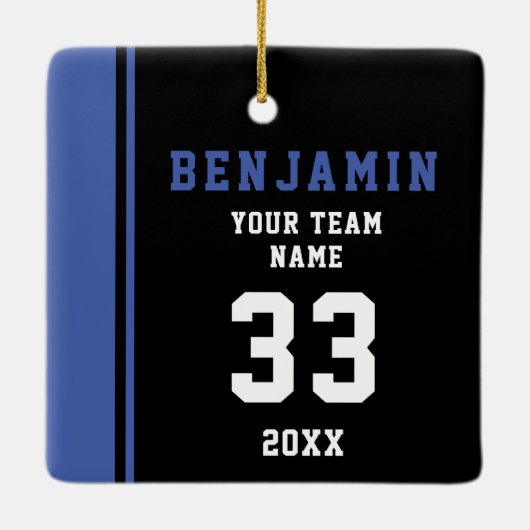 Blue Player Name Number Team Sports Kinder Keepomw Keramisch Ornament (Achterkant)