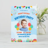 Blue Playful Little Boy Happy Birthday Party  Kaart (Staand voorkant)