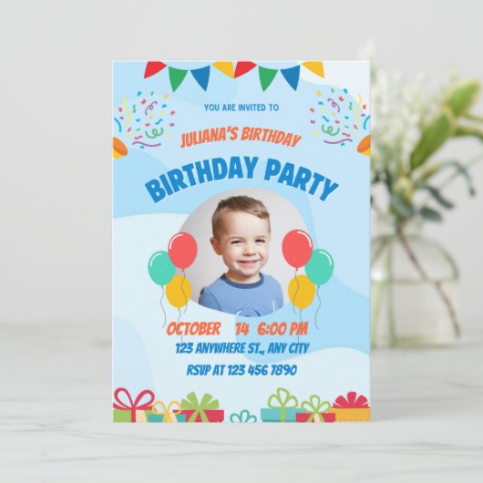 Blue Playful Little Boy Happy Birthday Party  Kaart (Staand voorkant)