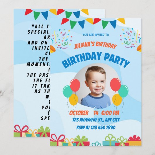 Blue Playful Little Boy Happy Birthday Party Kaart (Voorkant / Achterkant)