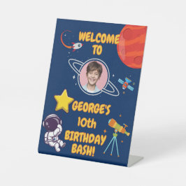 Blue Playful Outer Space Rocket Kids Party Welcome Reclamebord Met Voetstuk