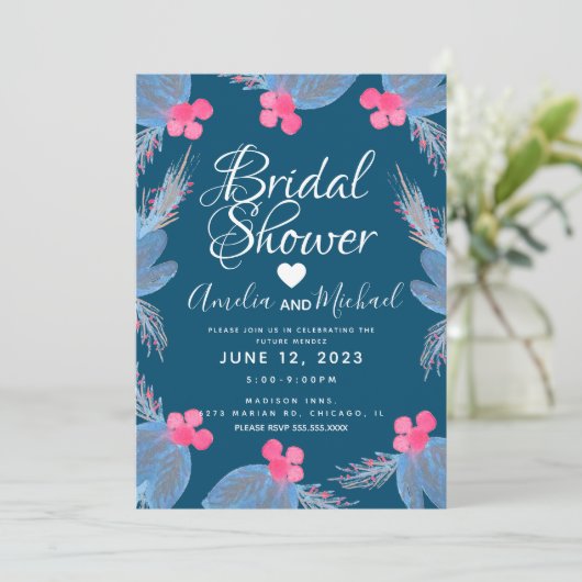 Blue Poinsettia Berry Waterverf Vrijgezellenfeest Kaart (Staand voorkant)