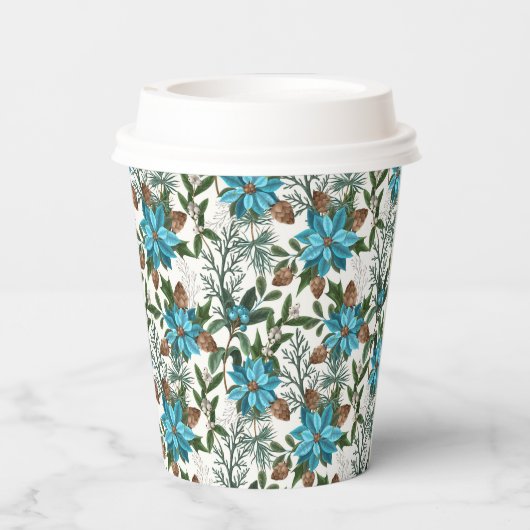 Blue Poinsettia en Pines Papieren Bekers (Achterkant)