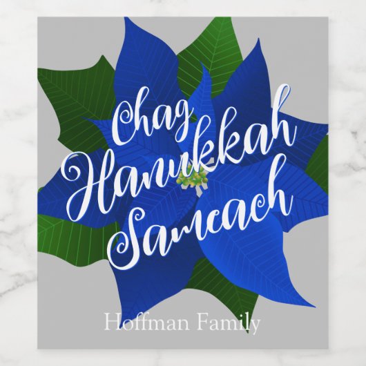 Blue Poinsettia Hanukkah Wijn Etiket (Enkel label)