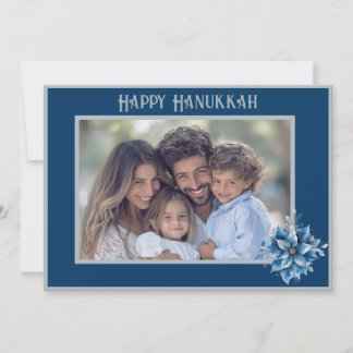 Blue Poinsettia Photo Flat Holiday Card Feestdagenkaart