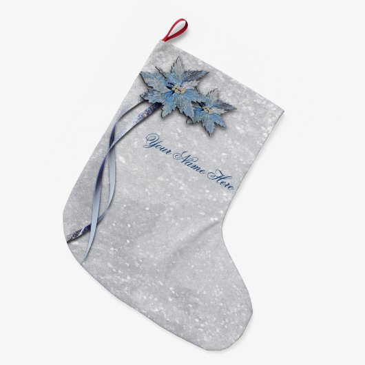 Blue Poinsettias op Silver Grote Kerstsok (Voorkant (Hangend))