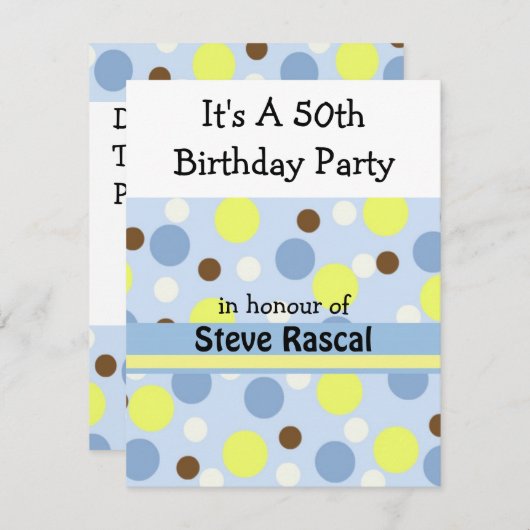 Blue Polka Dot 50th Birthday Invitation Kaart (Voorkant / Achterkant)