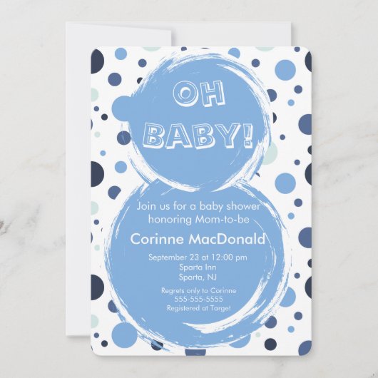 Blue polka dot Baby Shower Invitation Kaart (Voorkant)