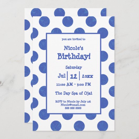 Blue Polka Dot Birthday Party Kaart (Voorkant / Achterkant)