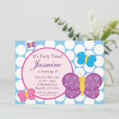 Blue Polka dot Butterfly Birthday Uitnodiging (Staand voorkant)
