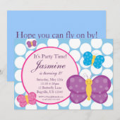 Blue Polka dot Butterfly Birthday Uitnodiging (Voorkant / Achterkant)