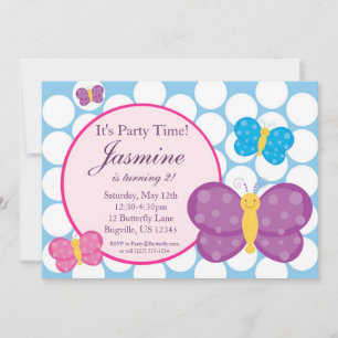Blue Polka dot Butterfly Birthday Uitnodiging