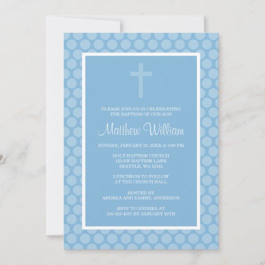 Blue Polka Dot Cross Boy Baptism Christening Kaart (Voorkant)