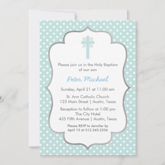 Blue Polka Dot Doop met Kruis en Zilver Lijst Kaart (Voorkant)