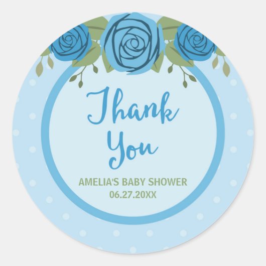 Blue Polka Dot en Rozen Hartelijk dank Ronde Sticker (Voorkant)