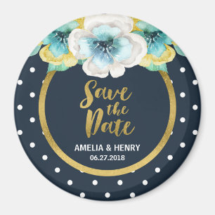 Blue Polka Dot, Faux Gold Floral Save the Date Magneet