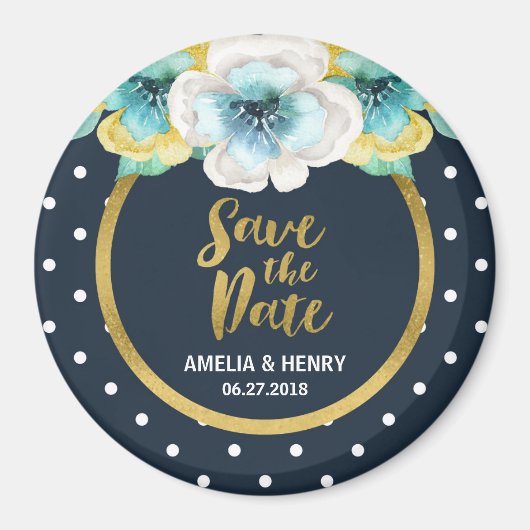 Blue Polka Dot, Faux Gold Floral Save the Date Magneet (Voorkant)