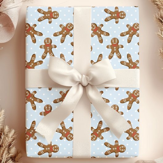 Blue Polka Dot Gingerbrood Man Kerstmis Cadeaupapier