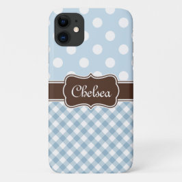 Blue Polka Dot Gingham Pattern Brown Name Case-Mate iPhone Case