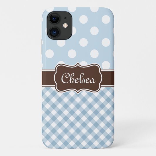 Blue Polka Dot Gingham Pattern Brown Name Case-Mate iPhone Case (Achterkant)