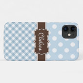 Blue Polka Dot Gingham Pattern Brown Name Case-Mate iPhone Case (Achterkant (horizontaal))