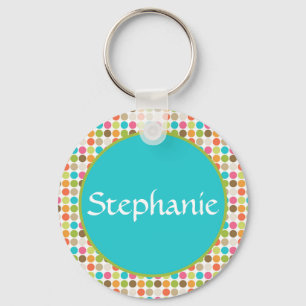Blue Polka Dot Name Button Sleutelhanger