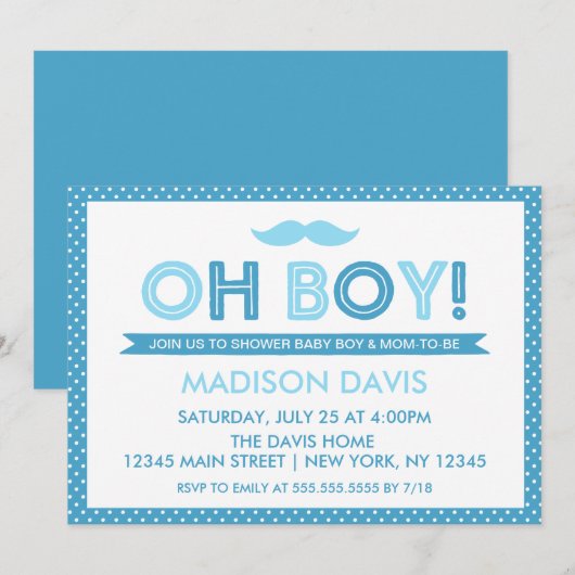 Blue Polka Dot Oh Boy Baby shower Kaart (Voorkant / Achterkant)