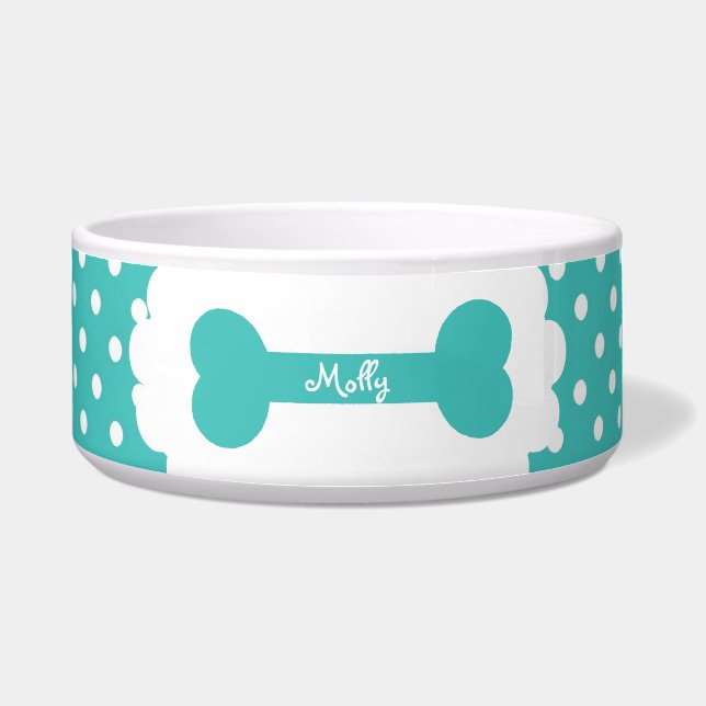 Blue Polka Dot Personalized Voerbakje (Voorkant)