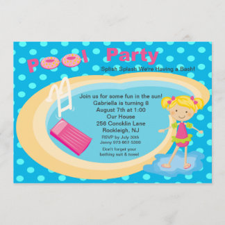 Blue Polka Dot Pool Party Girls Birthday Invite Kaart