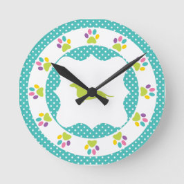 Blue Polka Dot Rainbow Paw Print Dachshund Ronde Klok