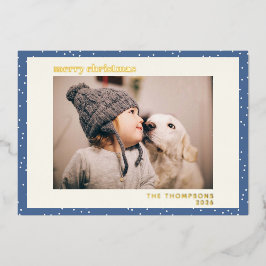 Blue Polka Dot Snow Simple Photo Gold Folie Feestdagenkaart