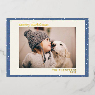 Blue Polka Dot Snow Simple Photo Gold Folie Feestdagenkaart