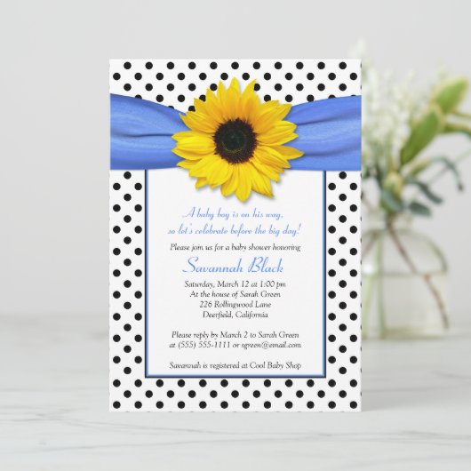 Blue Polka Dot Sunflower Boy Baby shower Kaart (Staand voorkant)