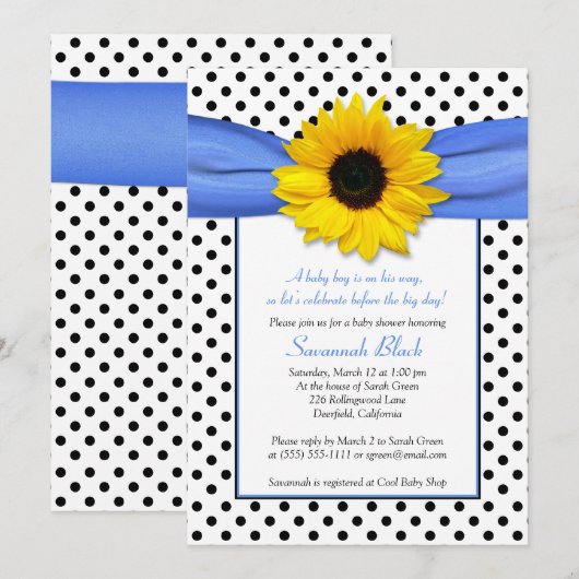 Blue Polka Dot Sunflower Boy Baby shower Kaart (Voorkant / Achterkant)