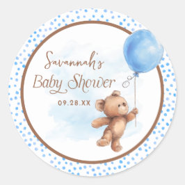 Blue Polka Dot Teddy Bear Balloon Baby shower Ronde Sticker
