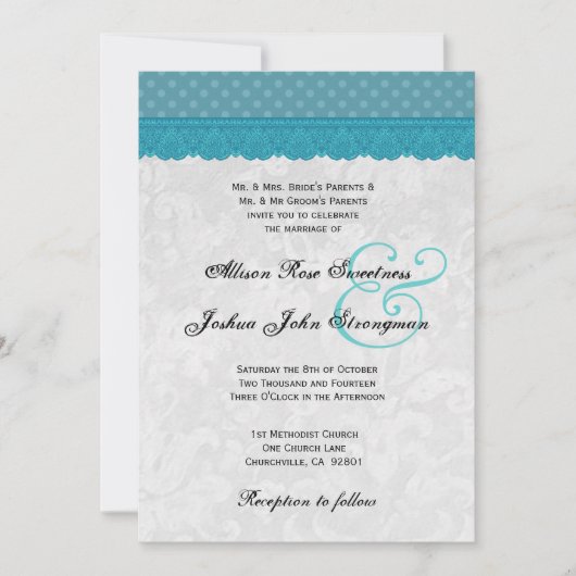 Blue Polka Dots and Lace Wedding V001 Kaart (Voorkant)