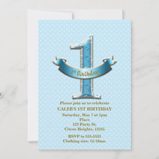 Blue Polka Dots & Banner ONE 1st 1 Birthday Party Kaart (Voorkant)