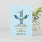 Blue Polka Dots & Banner ONE 1st 1 Birthday Party Kaart (Staand voorkant)