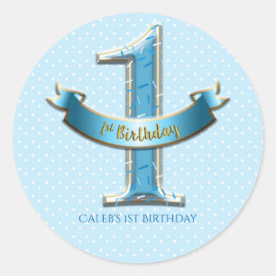 Blue Polka Dots & Banner ONE 1st 1 Birthday Party Ronde Sticker