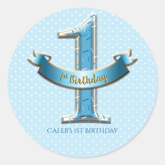 Blue Polka Dots & Banner ONE 1st 1 Birthday Party Ronde Sticker (Voorkant)