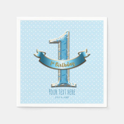 Blue Polka Dots & Banner ONE 1st 1 Birthday Party Servet (Voorkant)