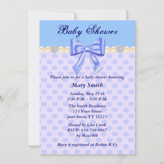 Blue Polka Dots Bow Baby shower Invitation Kaart (Voorkant)