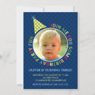 Blue Polka Dots Fun Kinder Photo Birthday Invitati Kaart